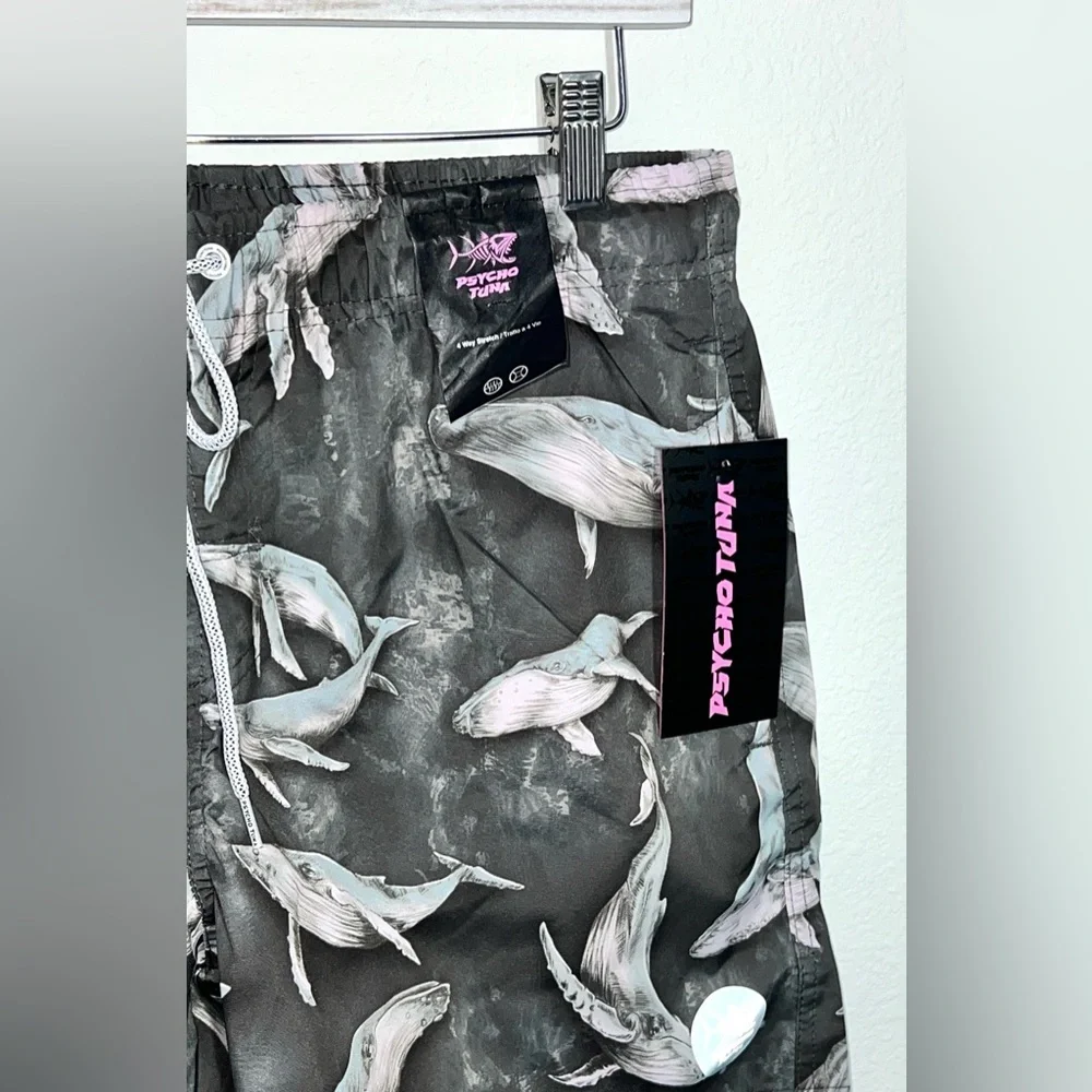 NWT Psycho Tuna Medium‎ Whale Print Charcoal  Board Shorts Swim Trunks